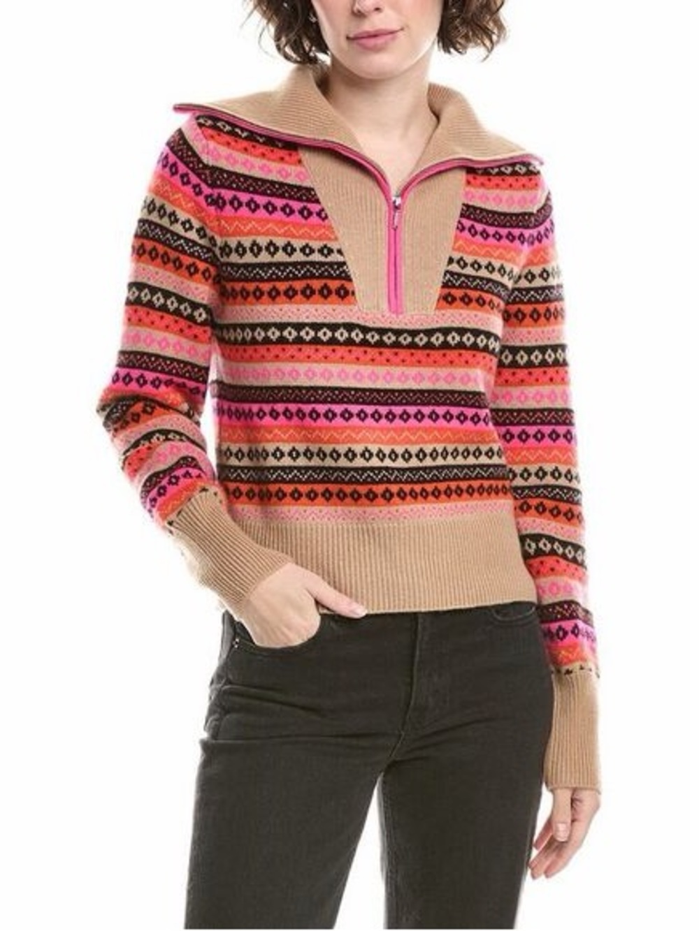 &ISLA 100% Cashmere Grace 1/2 Zip Fairisle Sweater in Sand & Pink Size XS NWT